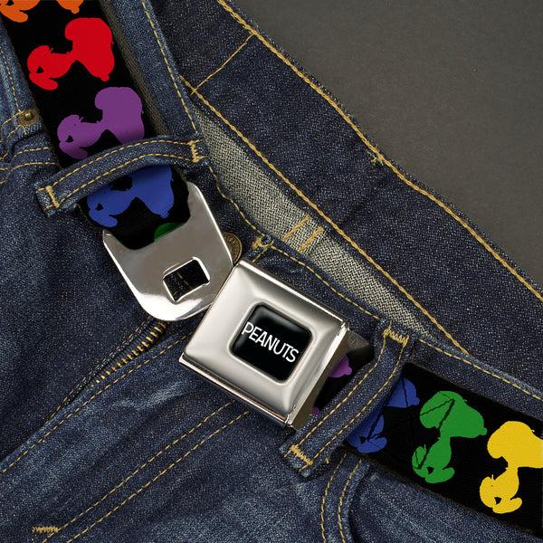 Buckle-Down PEANUTS Title Logo Full Color Black/White Seatbelt Belt - Peanuts Snoopy Silhoutte Pose Black/Rainbow Multi Color Webbing