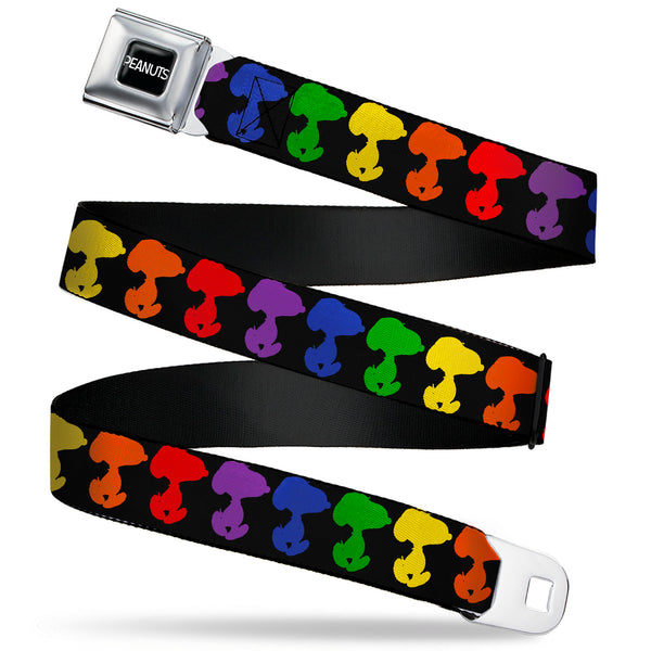 Buckle-Down PEANUTS Title Logo Full Color Black/White Seatbelt Belt - Peanuts Snoopy Silhoutte Pose Black/Rainbow Multi Color Webbing