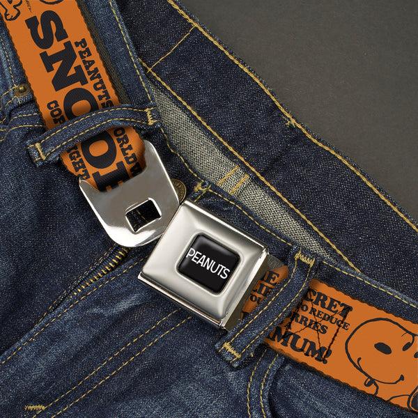 Buckle-Down PEANUTS Title Logo Full Color Black/White Seatbelt Belt - Snoopy Poses And Quotes Collage Orange/Black Webbing