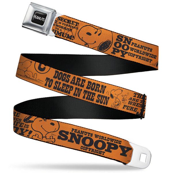 Buckle-Down PEANUTS Title Logo Full Color Black/White Seatbelt Belt - Snoopy Poses and Quotes Collage Orange/Black Webbing