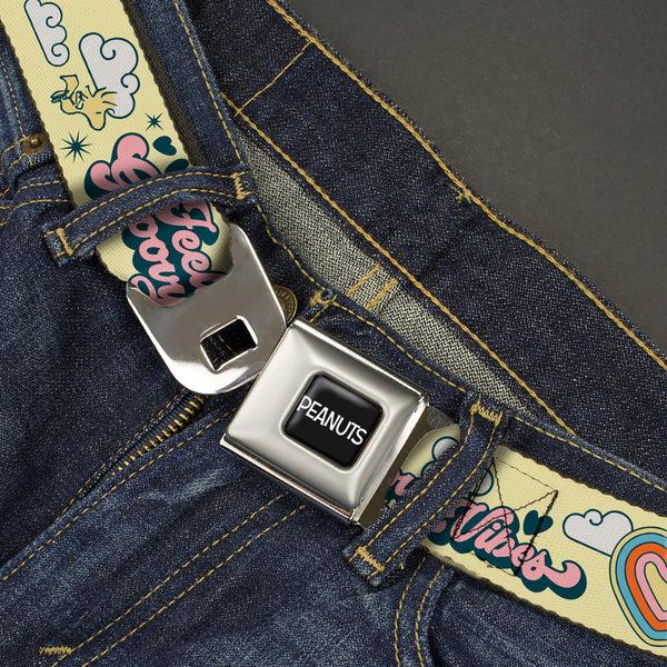 Buckle-Down PEANUTS Title Logo Full Color Black/White Seatbelt Belt - Peanuts Snoopy Flying Ace And Woodstock GROOVY Quotes Collage Yellow Webbing
