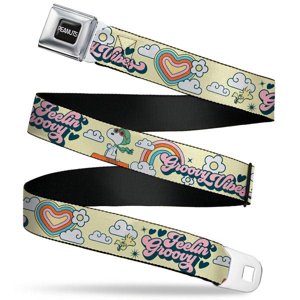 Buckle-Down PEANUTS Title Logo Full Color Black/White Seatbelt Belt - Peanuts Snoopy Flying Ace and Woodstock GROOVY Quotes Collage Yellow Webbing