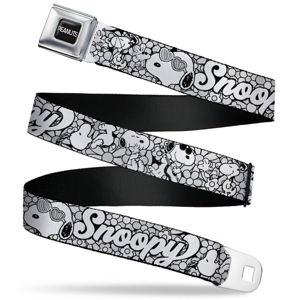 Buckle-Down PEANUTS Title Logo Full Color Black/White Seatbelt Belt - Snoopy Poses and Daisy Flowers Collage Black/Grays/White Webbing