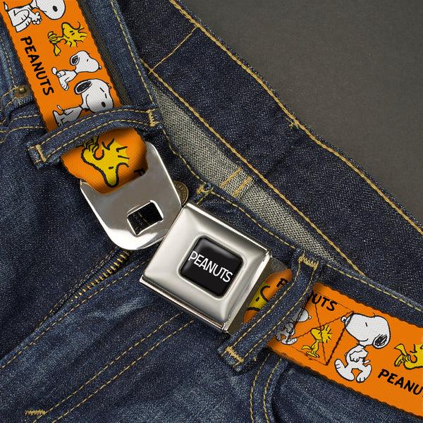 Buckle-Down PEANUTS Title Logo Full Color Black/White Seatbelt Belt - PEANUTS Snoopy And Woodstock Poses Collage Orange Webbing