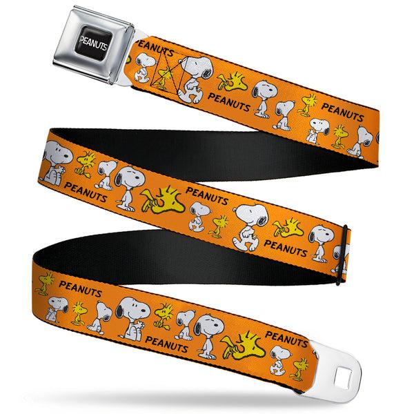 Buckle-Down PEANUTS Title Logo Full Color Black/White Seatbelt Belt - PEANUTS Snoopy and Woodstock Poses Collage Orange Webbing