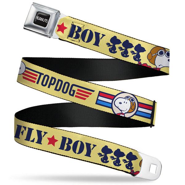 Buckle-Down PEANUTS Title Logo Full Color Black/White Seatbelt Belt - Peanuts Snoopy FLY BOY TOP DOG Flying Ace Yellow/Blue/Red Webbing