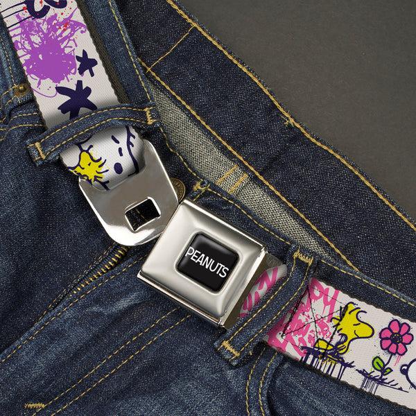 Buckle-Down PEANUTS Title Logo Full Color Black/White Seatbelt Belt - Peanuts Snoopy And Woodstock Graffiti Collage White/Multi Color Webbing
