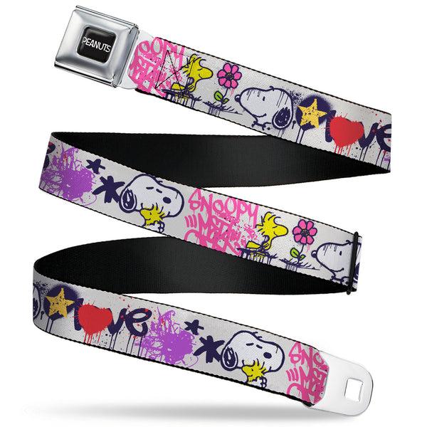 Buckle-Down PEANUTS Title Logo Full Color Black/White Seatbelt Belt - Peanuts Snoopy and Woodstock Graffiti Collage White/Multi Color Webbing