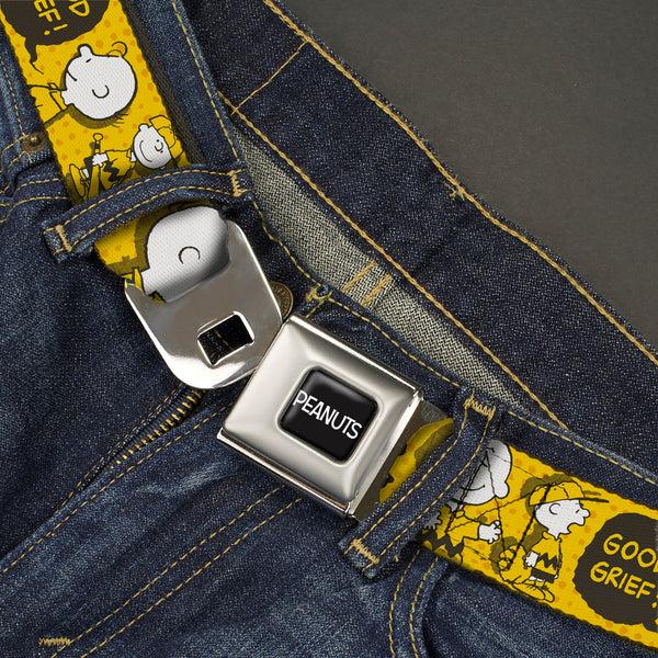 Buckle-Down PEANUTS Title Logo Full Color Black/White Seatbelt Belt - Peanuts I AM CHARLIE BROWN Poses And Zig Zag Stripe Yellows/Black Webbing