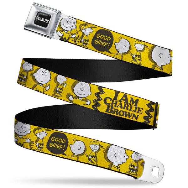 Buckle-Down PEANUTS Title Logo Full Color Black/White Seatbelt Belt - Peanuts I AM CHARLIE BROWN Poses and Zig Zag Stripe Yellows/Black Webbing
