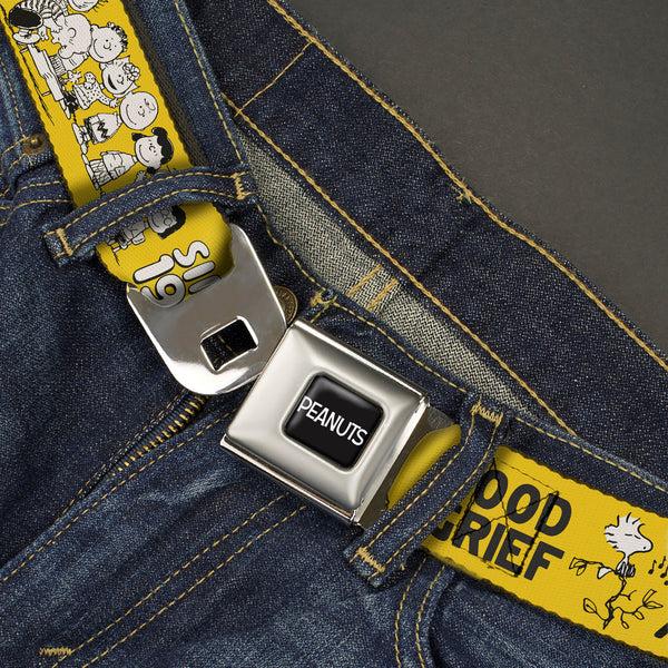 Buckle-Down PEANUTS Title Logo Full Color Black/White Seatbelt Belt - PEANUTS Gang SINCE 1950 GOOD GRIEF Group Pose Yellow/Black Webbing