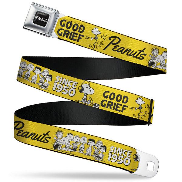 Buckle-Down PEANUTS Title Logo Full Color Black/White Seatbelt Belt - PEANUTS Gang SINCE 1950 GOOD GRIEF Group Pose Yellow/Black Webbing