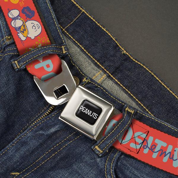 Buckle-Down PEANUTS Title Logo Full Color Black/White Seatbelt Belt - Peanuts Gang SEMI-POSITIVE VIBES Quote Red/Blues/White Webbing