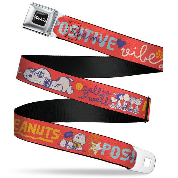 Buckle-Down PEANUTS Title Logo Full Color Black/White Seatbelt Belt - Peanuts Gang SEMI-POSITIVE VIBES Quote Red/Blues/White Webbing