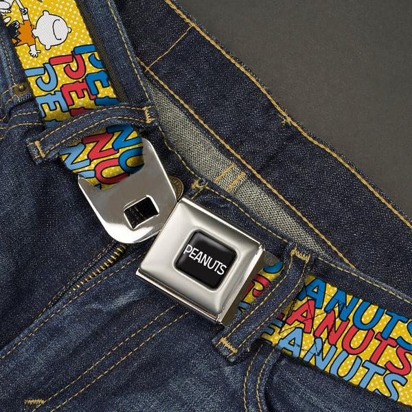 Buckle-Down PEANUTS Title Logo Full Color Black/White Seatbelt Belt - PEANUTS Gang FEATURING GOOD OL CHARLIE BROWN Character Poses Yellow/Multi Color Webbing