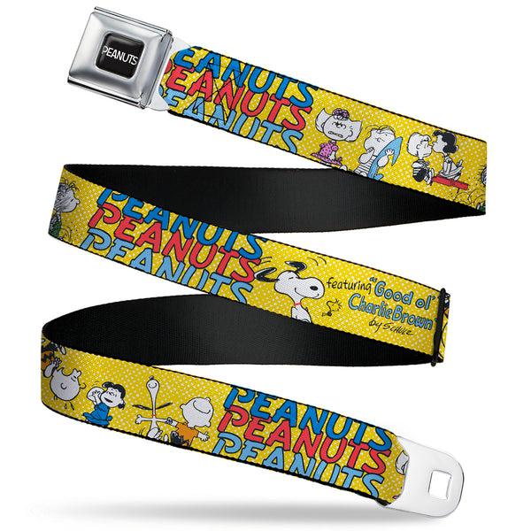 Buckle-Down PEANUTS Title Logo Full Color Black/White Seatbelt Belt - PEANUTS Gang FEATURING GOOD OL CHARLIE BROWN Character Poses Yellow/Multi Color Webbing