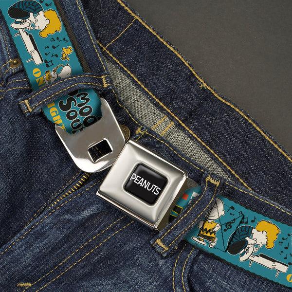 Buckle-Down PEANUTS Title Logo Full Color Black/White Seatbelt Belt - Peanuts Gang DANCE MUSIC Poses And Quotes Blue/Multi Color Webbing