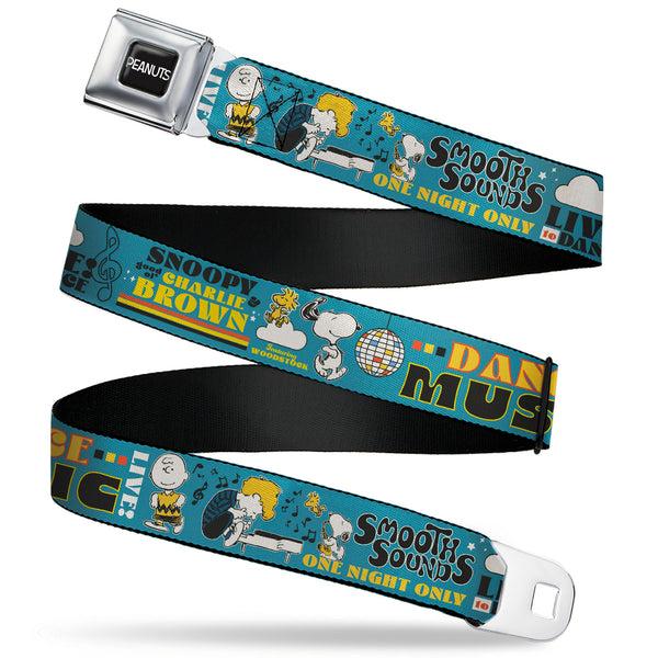 Buckle-Down PEANUTS Title Logo Full Color Black/White Seatbelt Belt - Peanuts Gang DANCE MUSIC Poses and Quotes Blue/Multi Color Webbing