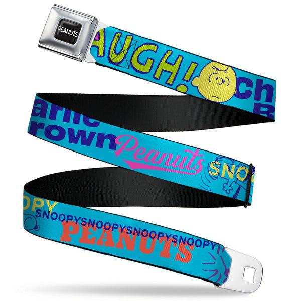 Buckle-Down PEANUTS Title Logo Full Color Black/White Seatbelt Belt - PEANUTS Charlie Brown Snoopy and Woodstock Typography Collage Blue/Multi Color Webbing