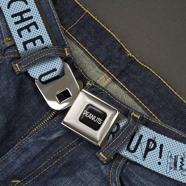 Buckle-Down PEANUTS Title Logo Full Color Black/White Seatbelt Belt - CHARLIE BROWN Poses And Quotes Baby Blue/Black Webbing