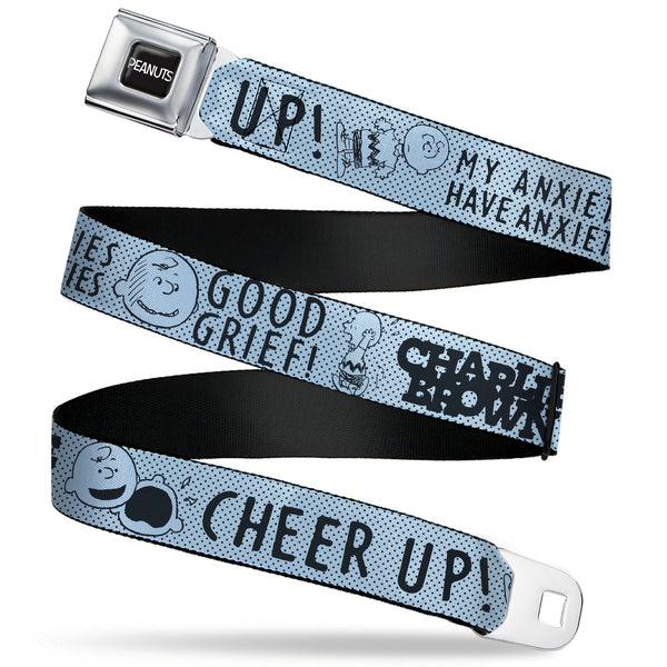 Buckle-Down PEANUTS Title Logo Full Color Black/White Seatbelt Belt - CHARLIE BROWN Poses and Quotes Baby Blue/Black Webbing