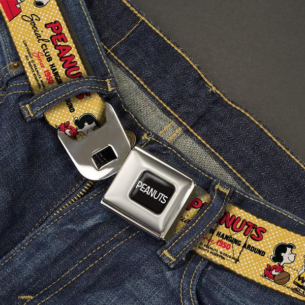 Buckle-Down PEANUTS Title Logo Full Color Black/White Seatbelt Belt - PEANUTS SOCIAL CLUB PEACE & LOVE Scenes Yellow/Red Webbing