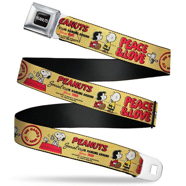 Buckle-Down PEANUTS Title Logo Full Color Black/White Seatbelt Belt - PEANUTS SOCIAL CLUB PEACE & LOVE Scenes Yellow/Red Webbing