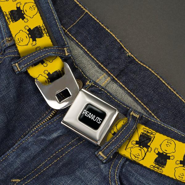 Buckle-Down PEANUTS Title Logo Full Color Black/White Seatbelt Belt - Peanuts Charlie Brown Pose Flip Yellow/Black Webbing