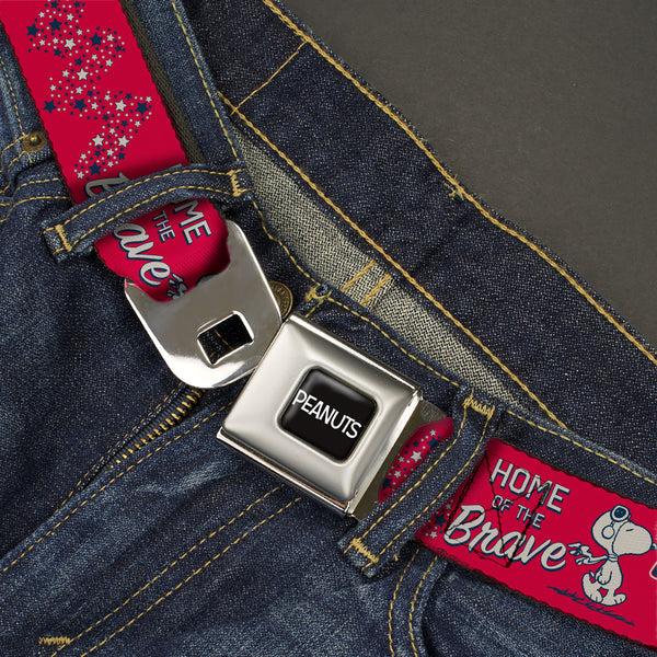 Buckle-Down PEANUTS Title Logo Full Color Black/White Seatbelt Belt - Peanuts Gang AMERICAN SUMMER Poses Red/Blue/White Webbing