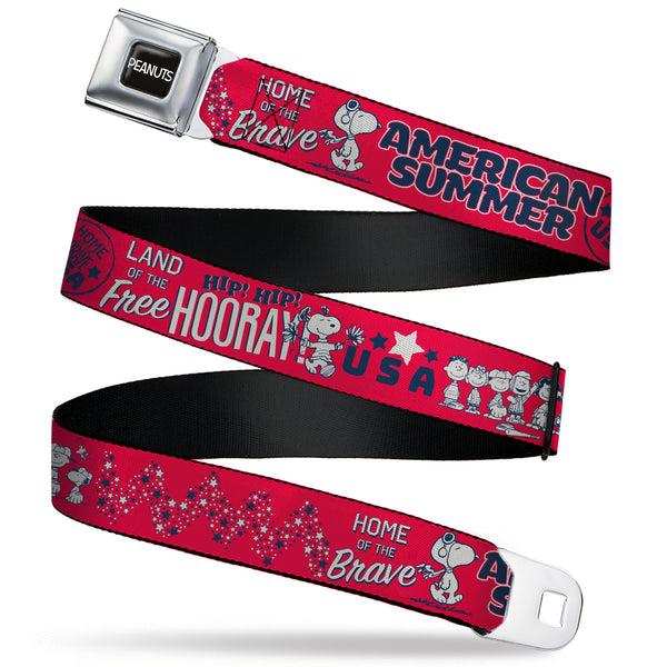 Buckle-Down PEANUTS Title Logo Full Color Black/White Seatbelt Belt - Peanuts Gang AMERICAN SUMMER Poses Red/Blue/White Webbing