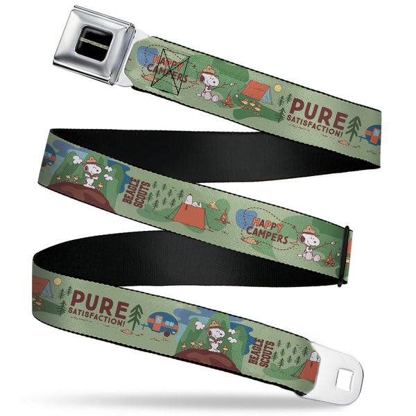 Buckle-Down PEANUTS Title Logo Full Color Black/White Seatbelt Belt - Peanuts HAPPY CAMPER BEAGLE SCOUTS Scenes Webbing