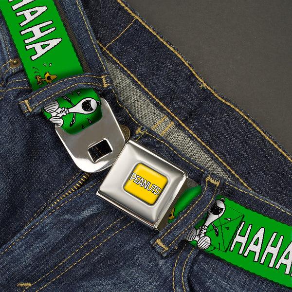 Buckle-Down PEANUTS Title Logo Full Color Yellow/White Seatbelt Belt - Peanuts Snoopy And Woodstock Laughing HAHA Pose Green Webbing