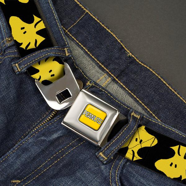 Buckle-Down PEANUTS Title Logo Full Color Yellow/White Seatbelt Belt - Peanuts Woodstock Face Flip Black/Yellow Webbing