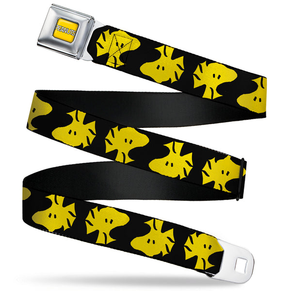 Buckle-Down PEANUTS Title Logo Full Color Yellow/White Seatbelt Belt - Peanuts Woodstock Face Flip Black/Yellow Webbing