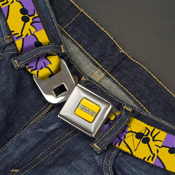Buckle-Down PEANUTS Title Logo Full Color Yellow/White Seatbelt Belt - Peanuts Woodstock Shades Pose Blocks Blue/Yellow/Black Webbing