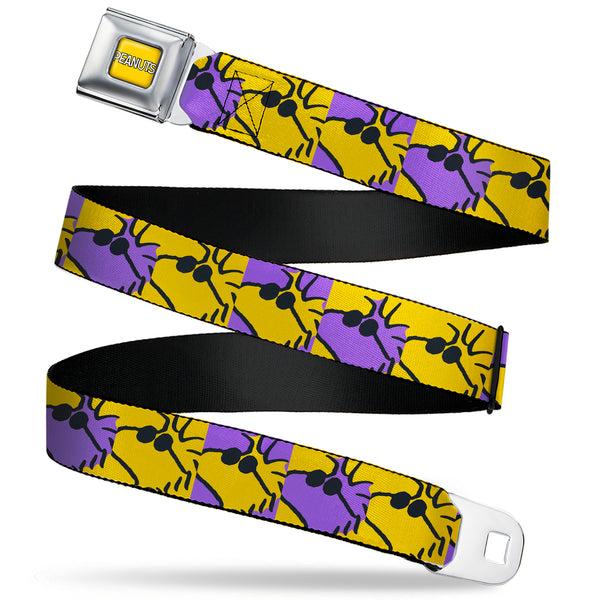 Buckle-Down PEANUTS Title Logo Full Color Yellow/White Seatbelt Belt - Peanuts Woodstock Shades Pose Blocks Blue/Yellow/Black Webbing