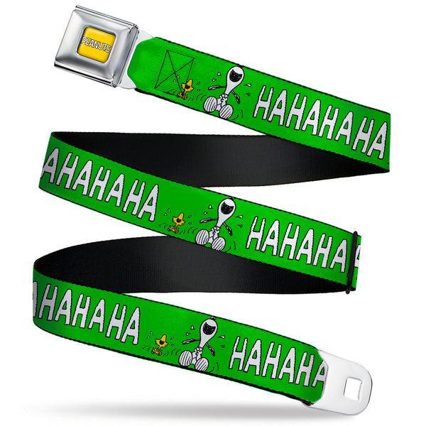 Buckle-Down PEANUTS Title Logo Full Color Yellow/White Seatbelt Belt - Peanuts Snoopy and Woodstock Laughing HAHA Pose Green Webbing