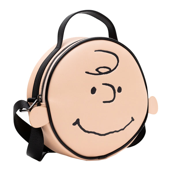 Buckle-Down Peanuts Vegan Leather Round Crossbody Bag With Adjustable Straps Charlie Brown Smiling Face Character Close Up