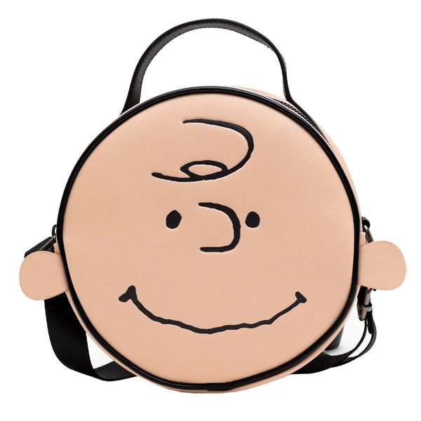 Buckle-Down Peanuts Vegan Leather Round Crossbody Bag with Adjustable Straps Charlie Brown Smiling Face Character Close Up