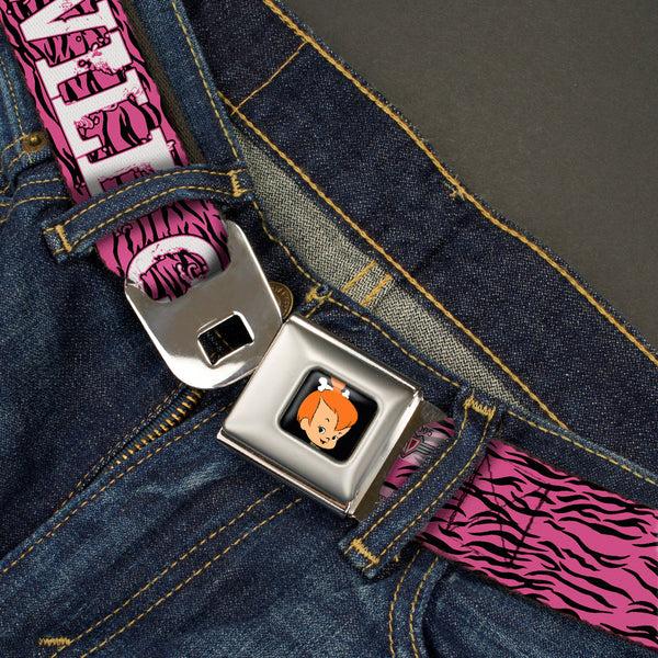 Buckle-Down Pebbles Face1 Full Color Black Seatbelt Belt - Pebbles Face/Pose WILD CHILD Pink/Black/White Webbing