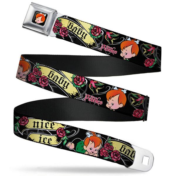Buckle-Down Pebbles Face1 Full Color Black Seatbelt Belt - Pebbles Face/Pose Tattoo Banners NICE ICE BABY Webbing