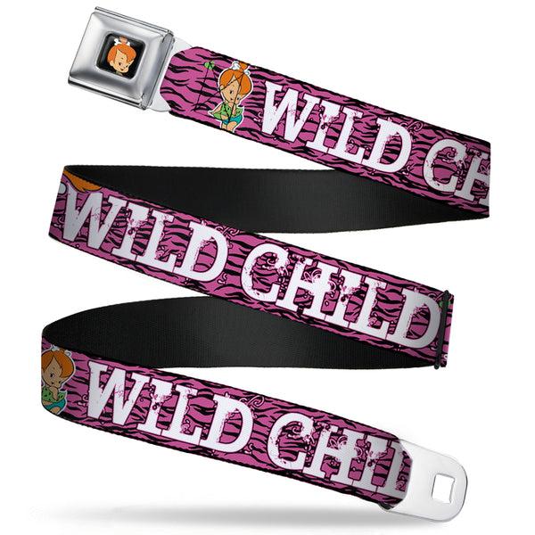 Buckle-Down Pebbles Face1 Full Color Black Seatbelt Belt - Pebbles Face/Pose WILD CHILD Pink/Black/White Webbing