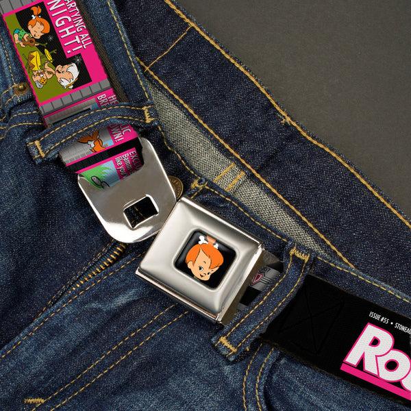 Buckle-Down Pebbles Face1 Full Color Black Seatbelt Belt - The Flintstones Tabloid - ROCK PEBBLES OUT OF CONTROL Webbing