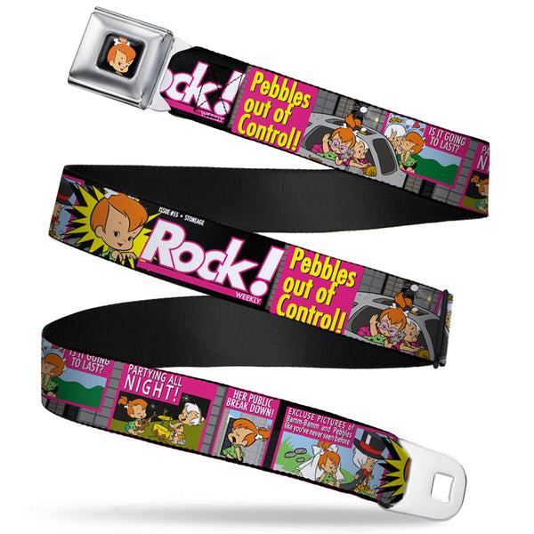 Buckle-Down Pebbles Face1 Full Color Black Seatbelt Belt - The Flintstones Tabloid - ROCK PEBBLES OUT OF CONTROL Webbing