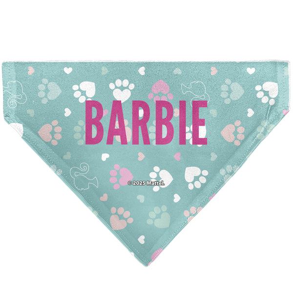 Buckle-Down Pet Bandana - BARBIE Bold Text Paw Print Icons Blues/Pinks/White
