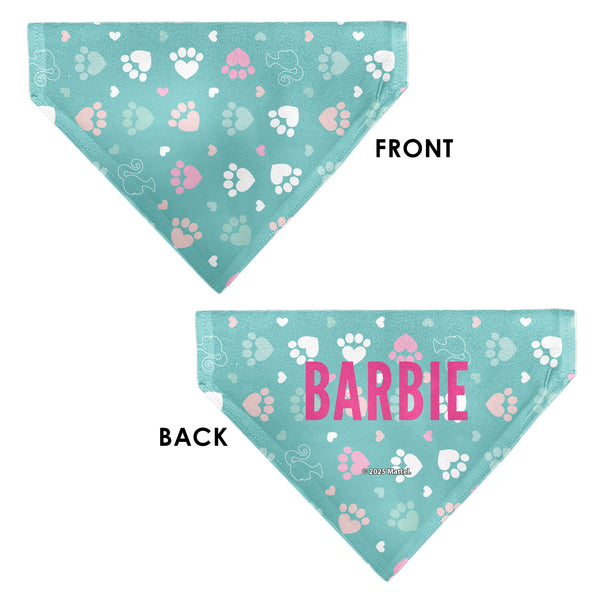 Buckle-Down Pet Bandana - BARBIE Bold Text Paw Print Icons Blues/Pinks/White
