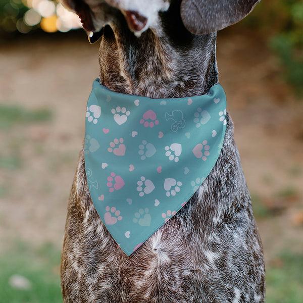 Buckle-Down Pet Bandana - BARBIE Bold Text Paw Print Icons Blues/Pinks/White