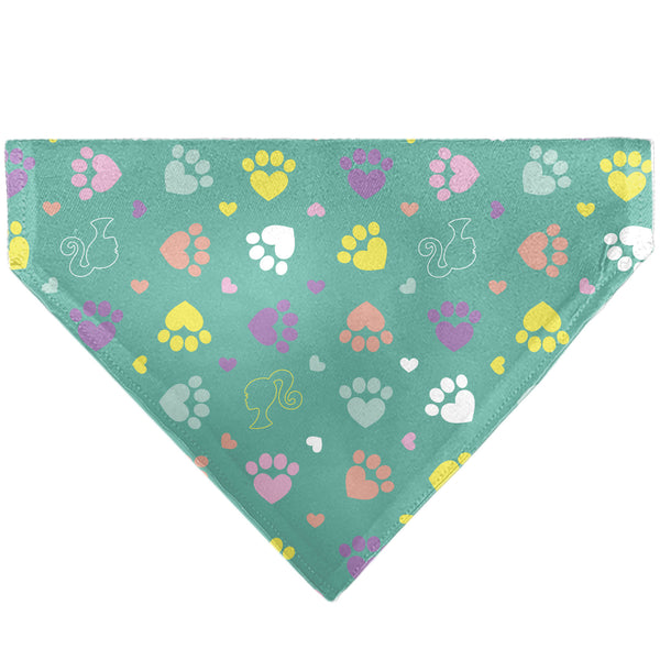 Buckle-Down Pet Bandana - BARBIE Paw Print Icons and Script Blue/Multi Pastel