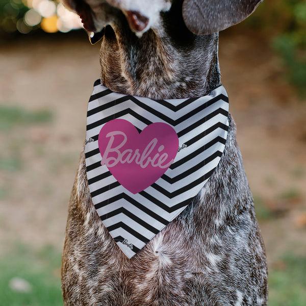 Buckle-Down Pet Bandana - BARBIE Script Heart Chevron White/Black/Pinks