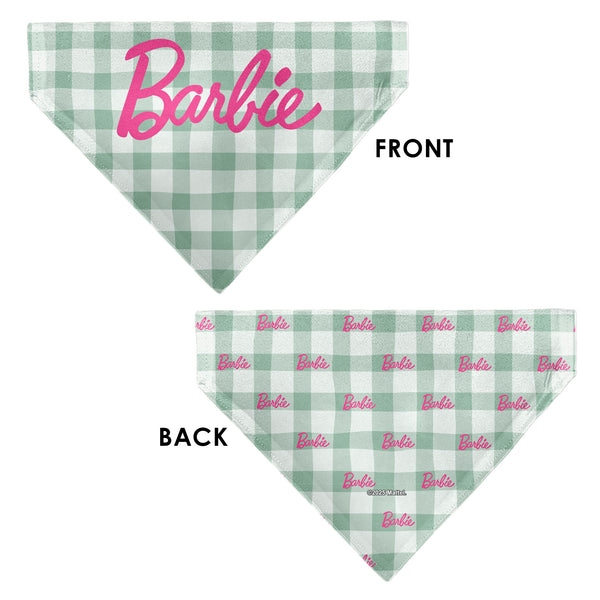 Buckle-Down Pet Bandana - BARBIE Script Plaid Beige/Olive/Pink